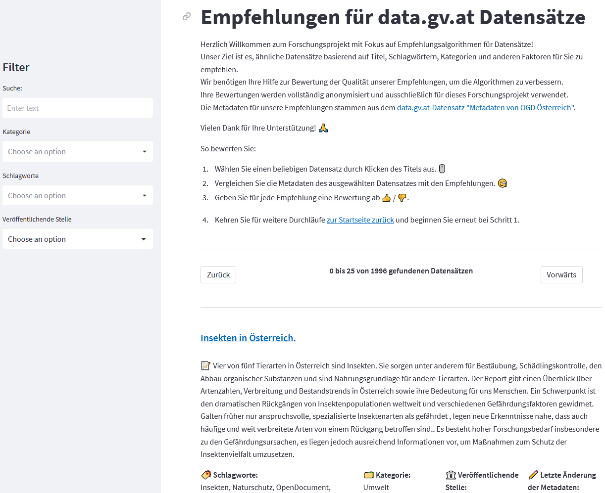 Vorschau Empfehlungen für data.gv.at Datensätze